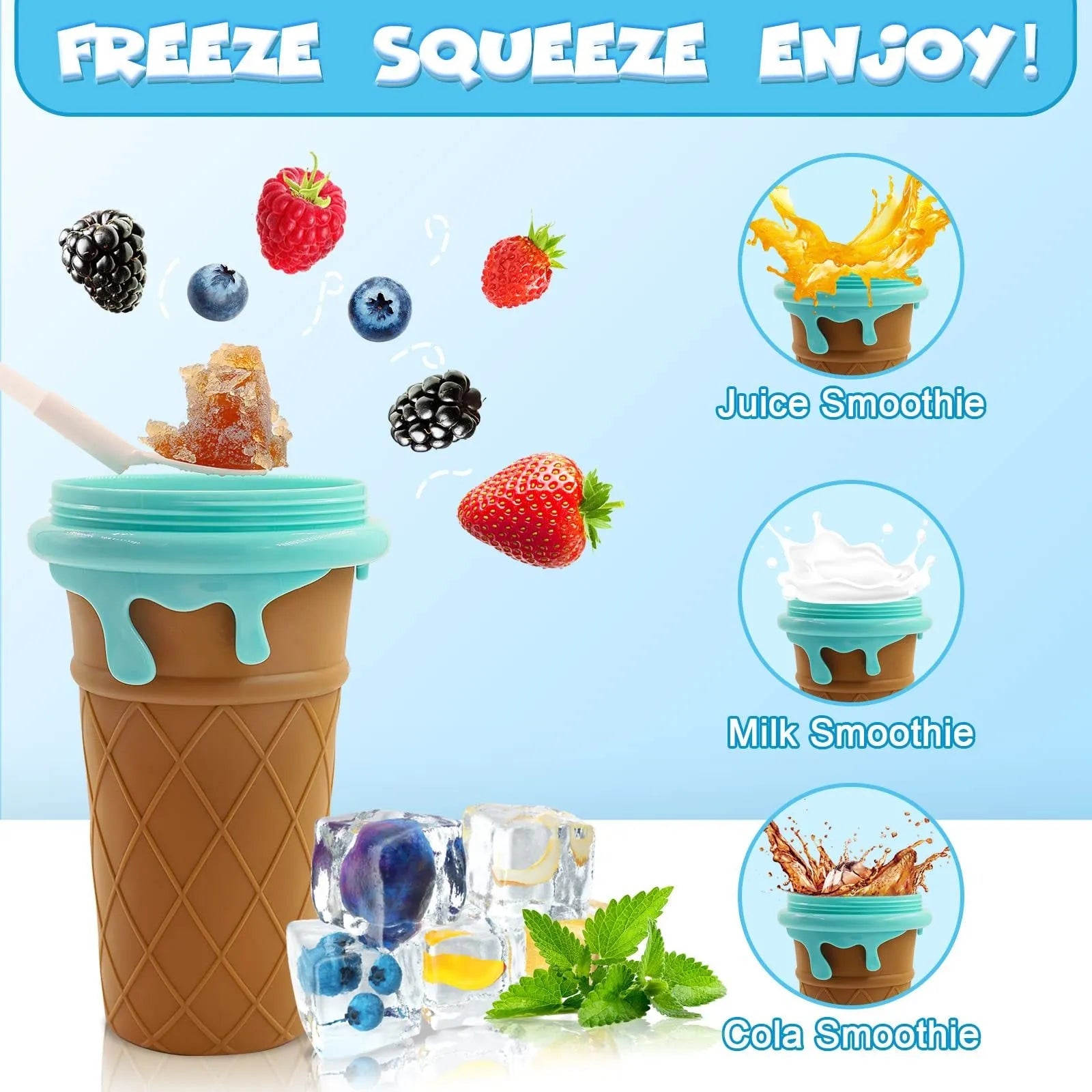 Blue 500ml silicone slushy maker cup for homemade smoothies and frozen drinks