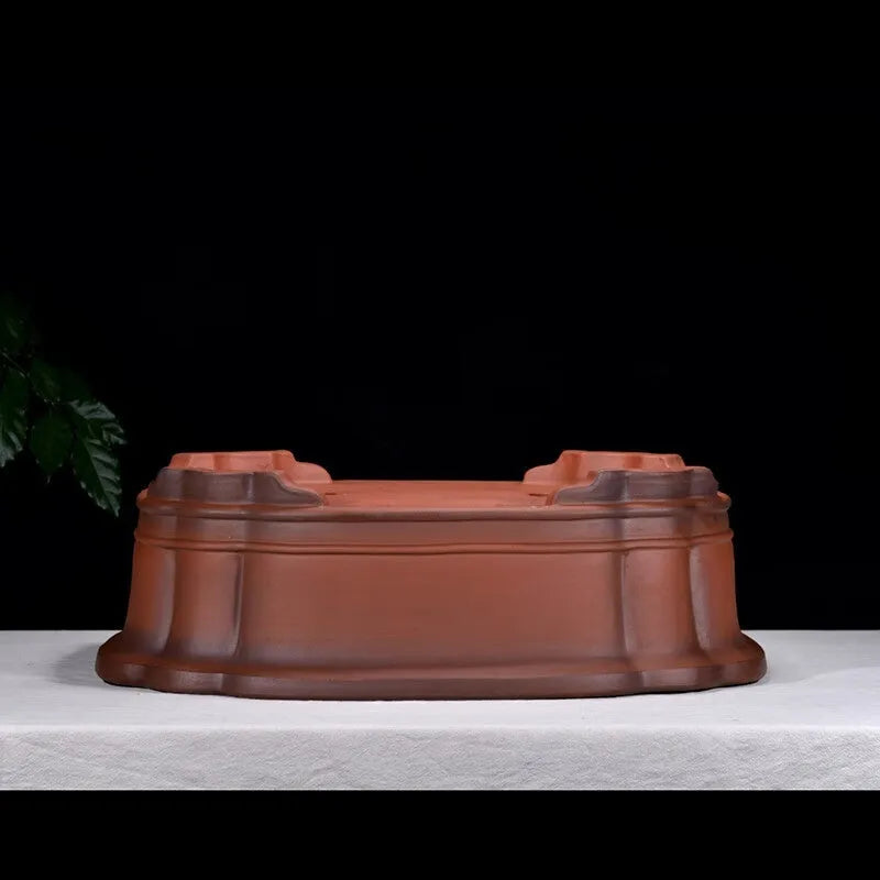 Large rectangular purple clay flowerpot with antique finish and traditional Chinese design