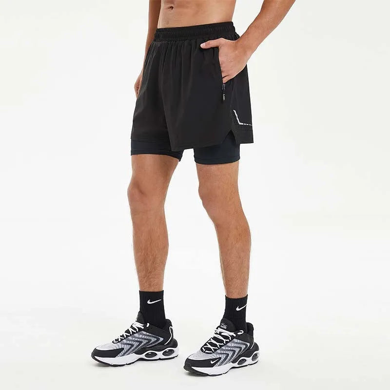 Men's black double-layer running shorts with built-in liner shown on model
