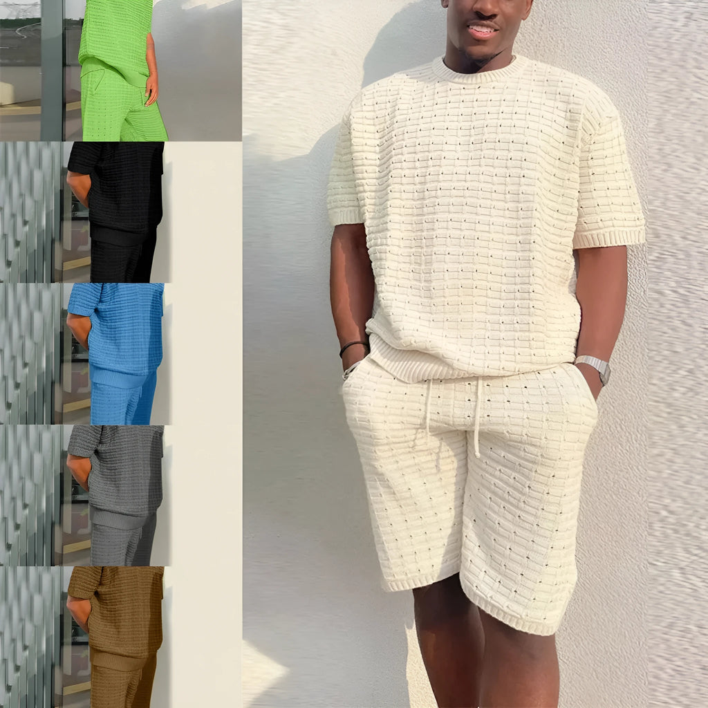 Men's summer suit two-piece outfit with loose fit shirt and shorts in polyester, multiple colours available