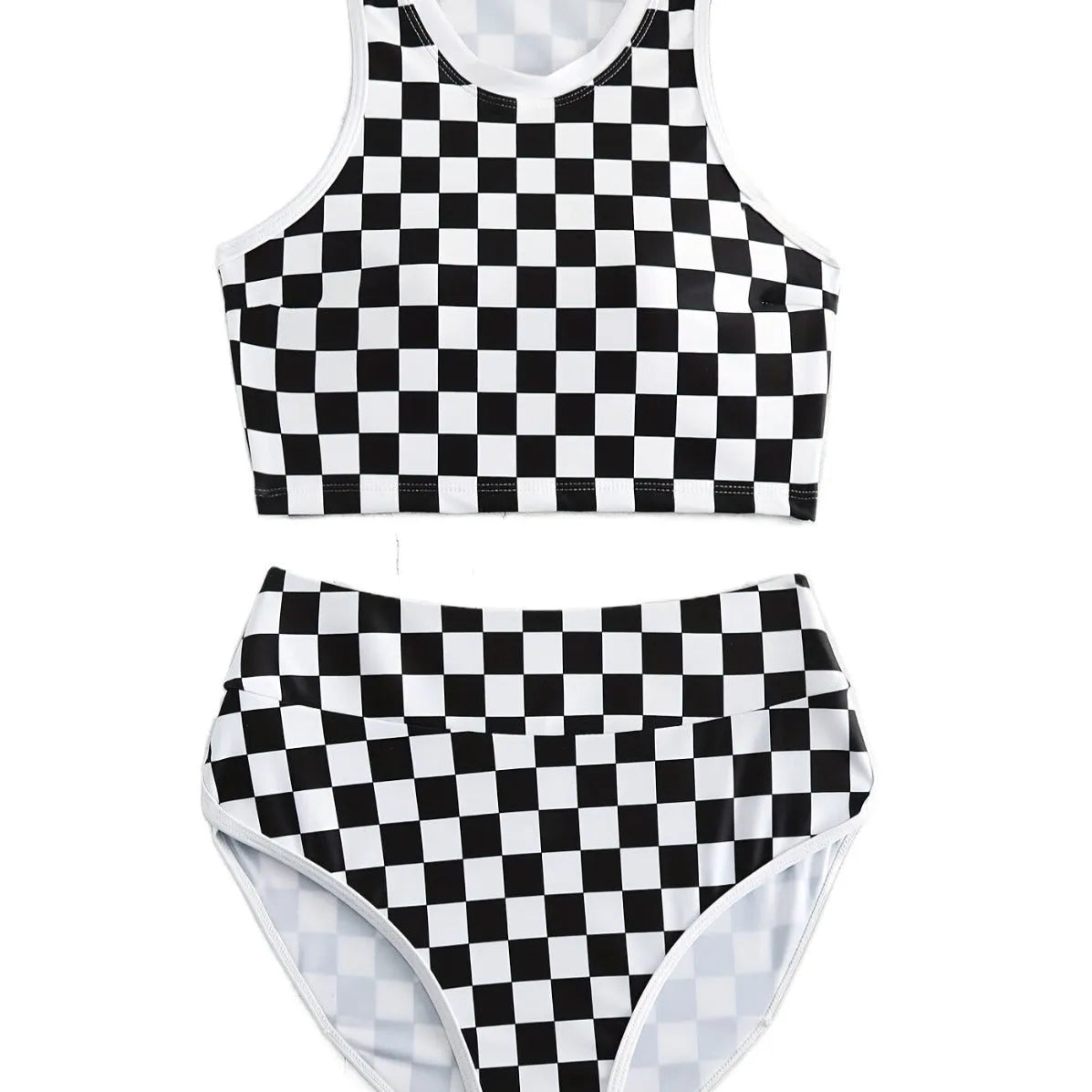 Backless one-piece women's swimsuit with black and white chessboard plaid pattern and white suspender straps.