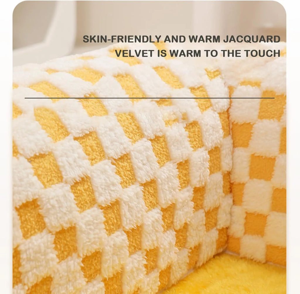 XL fan-shaped plaid tunnel pet bed for dogs and cats in coffee colour, showing plush fabric and anti-slip base.