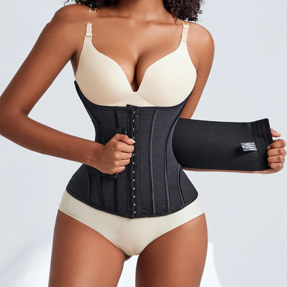 Black nylon belly band with adjustable tie shown flat, sizes XXXS to 3XL available.