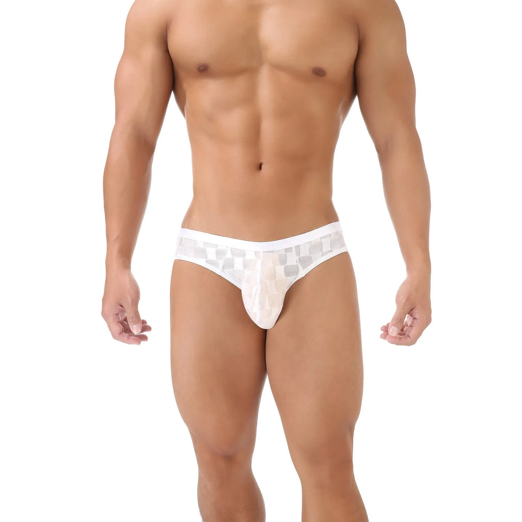 Men's black and white plaid mesh briefs with a U-convex design, shown flat and on a model.