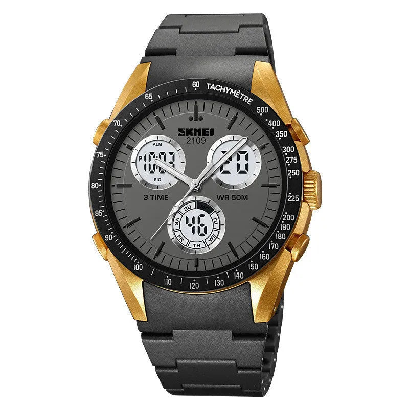 Casual digital watch with a camouflage strap and a digital display, showing 50m waterproof rating.