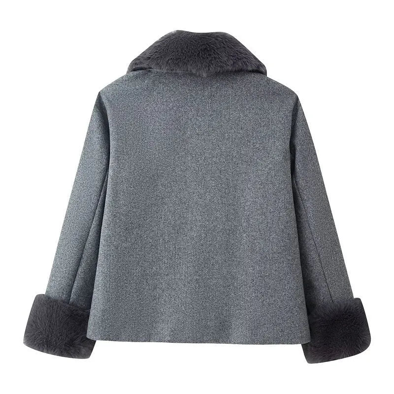 Women's short wool coat with imitation fur collar, gray, regular fit, extended length, on a model