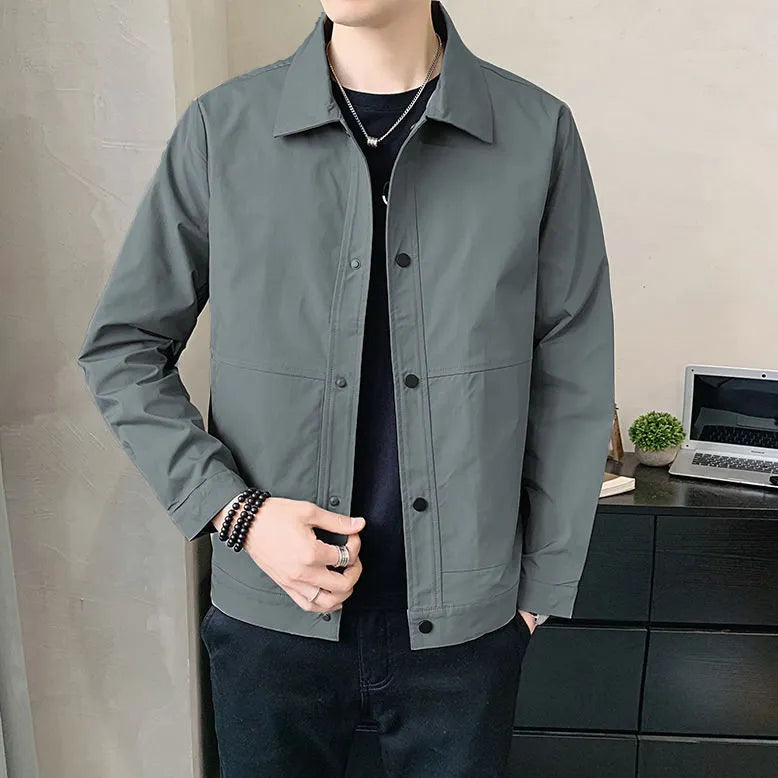 Men's Korean style thin polyester jacket for spring and autumn wear in black, grey, or blue