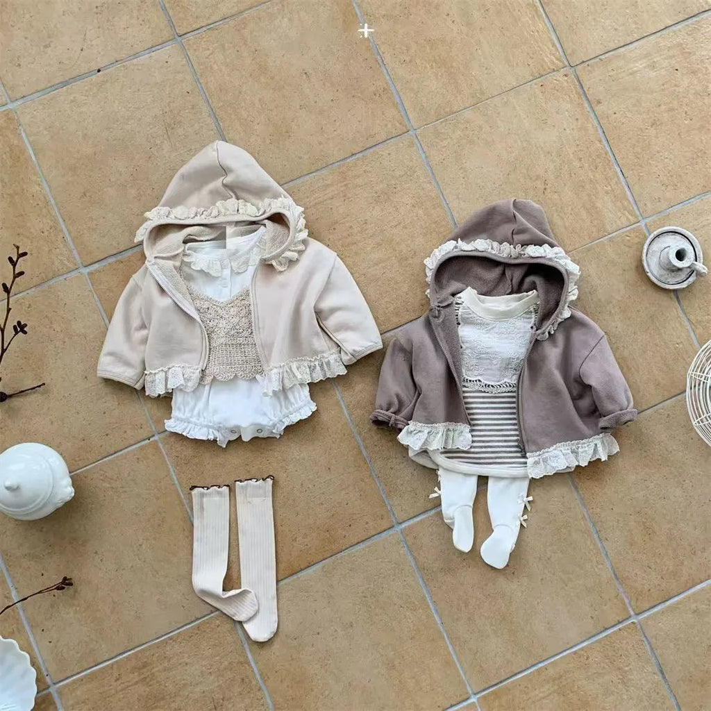 Child's lace-trim hooded zipper sweatshirt in solid cotton, brown colour, long sleeves