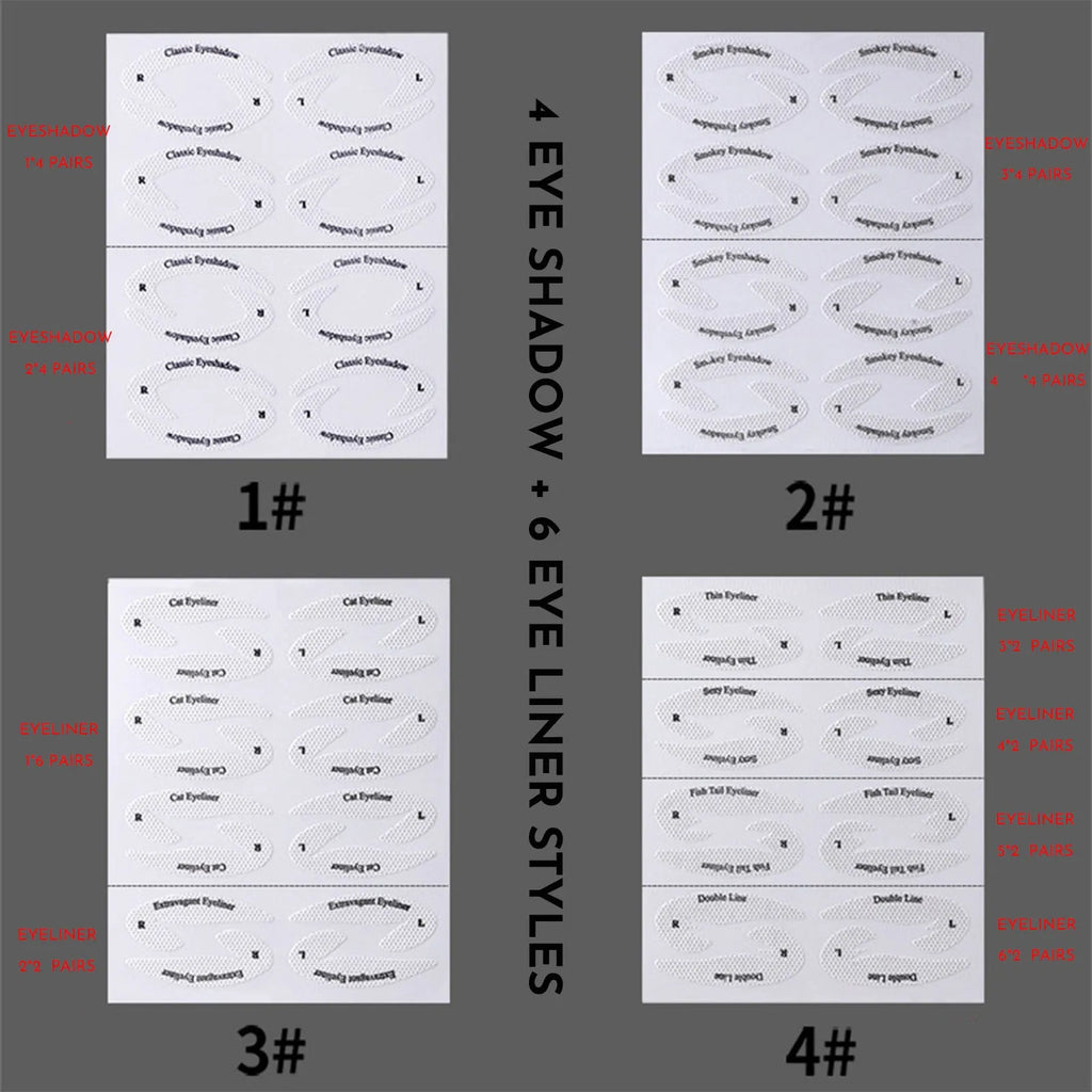 Set of four reusable flexible eyeliner sticker makeup templates on a pink background.