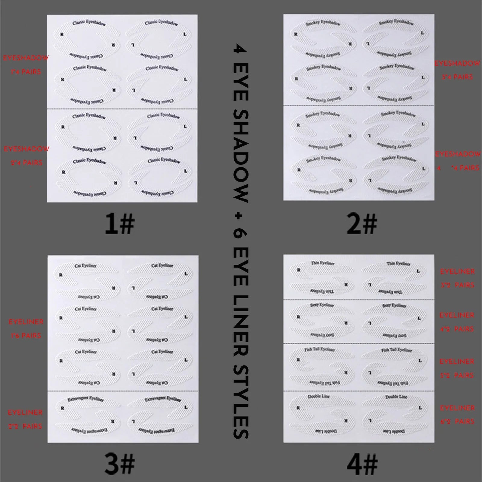 Set of four reusable flexible eyeliner sticker makeup templates on a pink background.