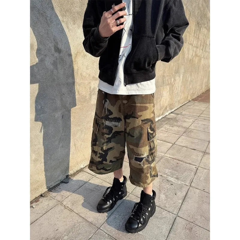 Men's camouflage colour ripped cropped jeans with retro patches in straight leg loose fit casual style