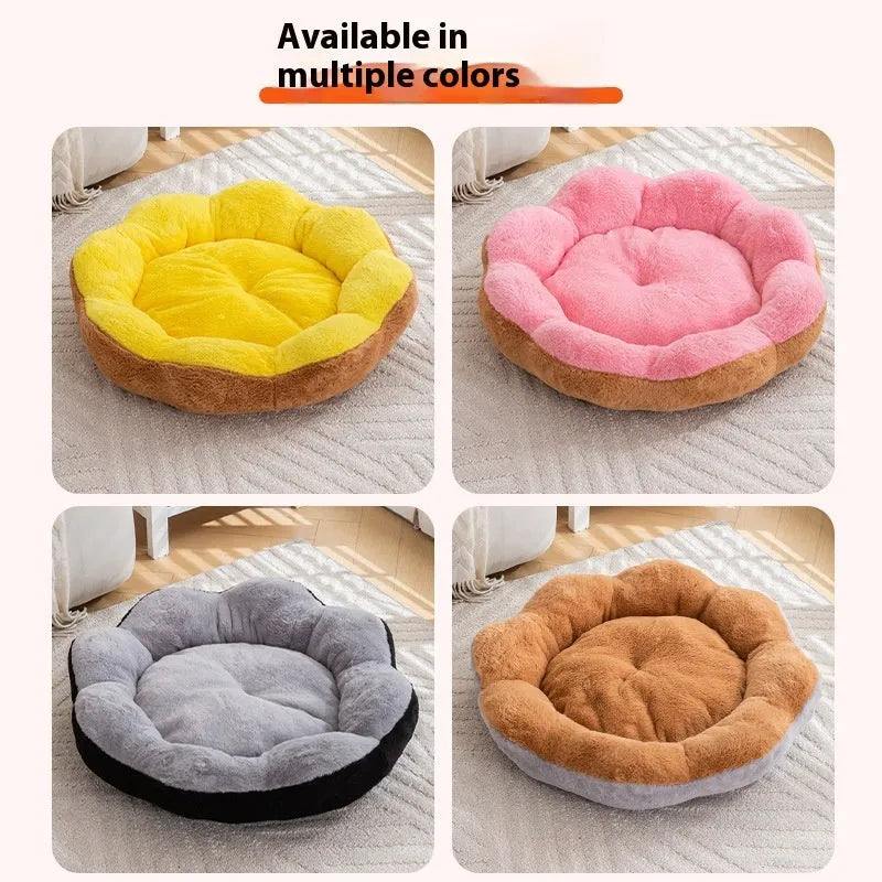 Brown grey rabbit plush round cat bed with a thick, soft texture and raised sides.