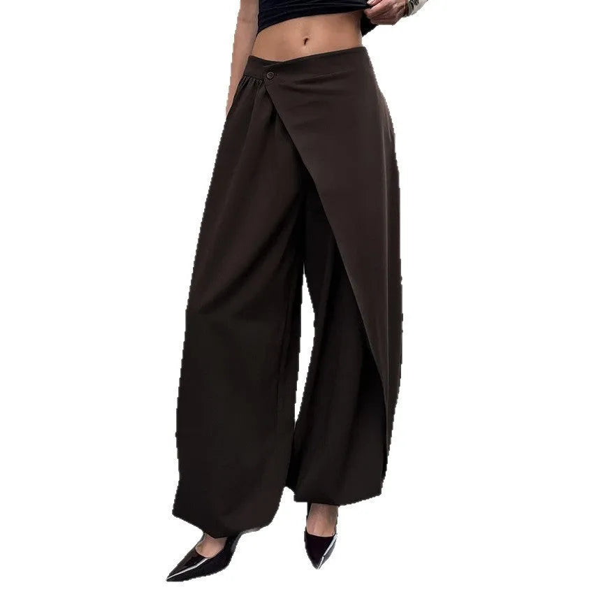 Women's fashion casual irregular wide-leg cropped pants in coffee colour, high waist, front view