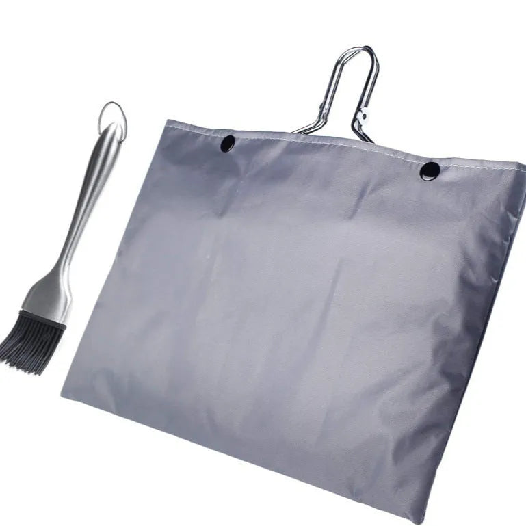 Square folding stainless steel barbecue grill mesh basket with a cleaning brush.