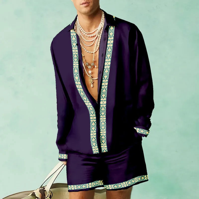 Men's slim fit long sleeve shirt and matching shorts casual co-ordinated set