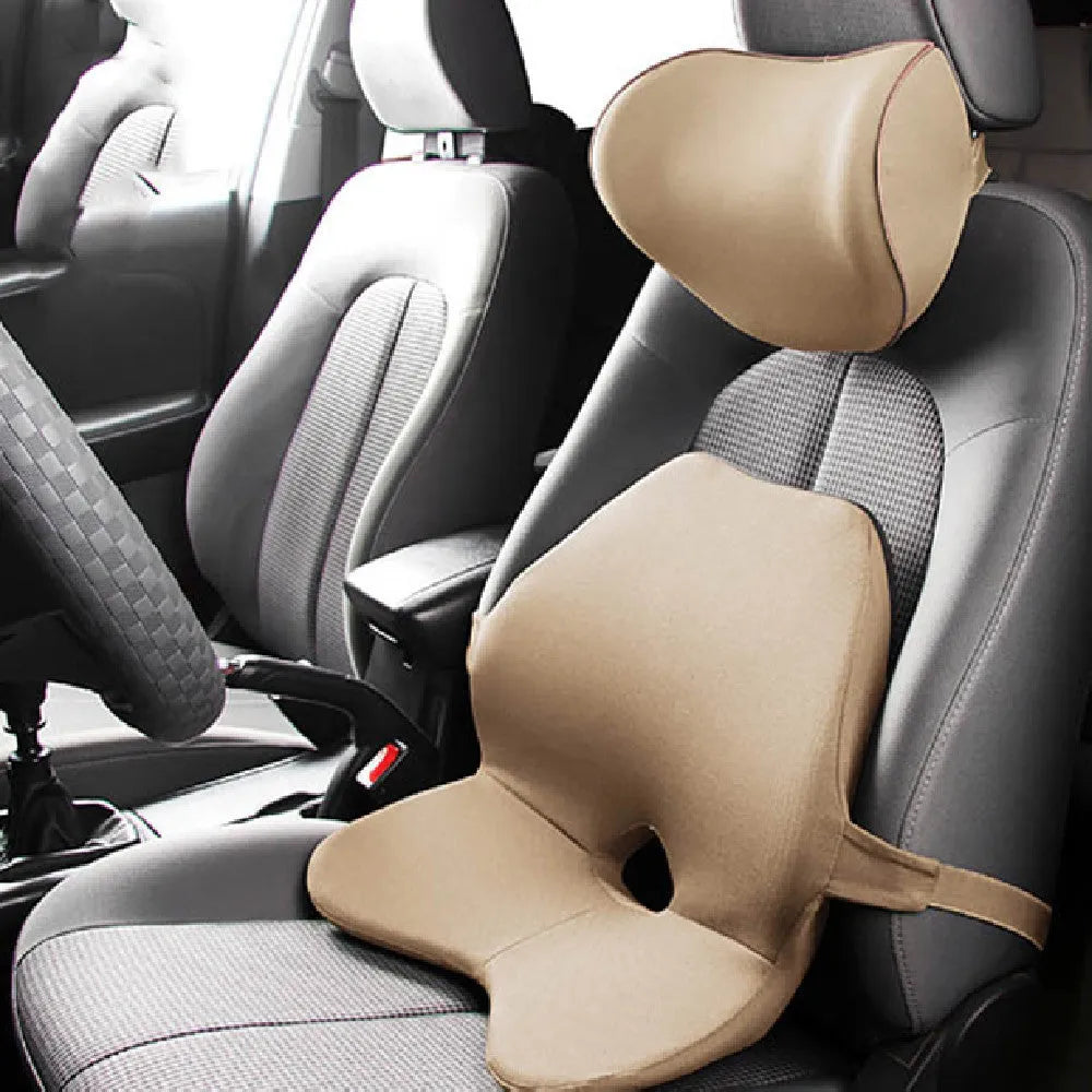 Car lumbar support cushion with memory foam, shown in beige and black, featuring a one-piece design.