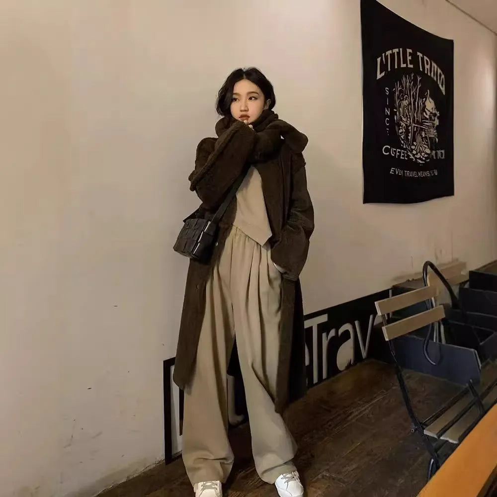 Women's brown casual sports suit with loose-fitting top and trousers in Japanese Korean style