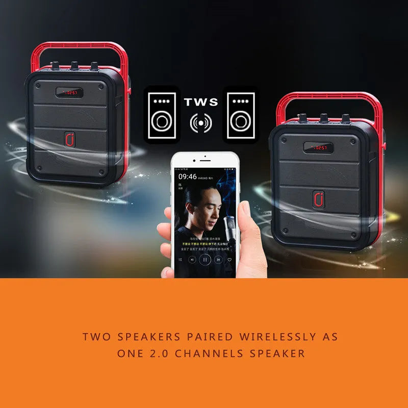 Black MS62AI portable Bluetooth speaker with wireless microphone and control knob on top.
