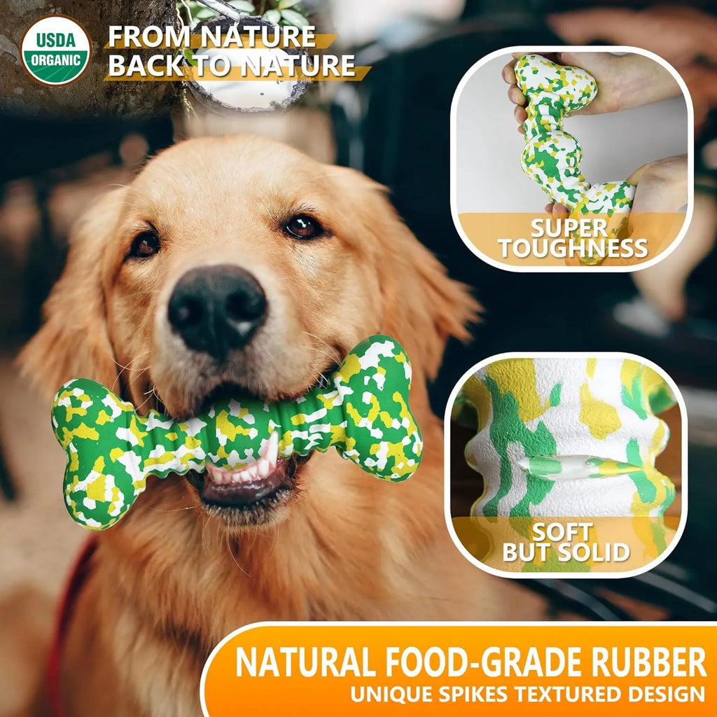 Natural rubber bone-shaped dog chew toy in a camouflage pattern for large breed aggressive chewers.