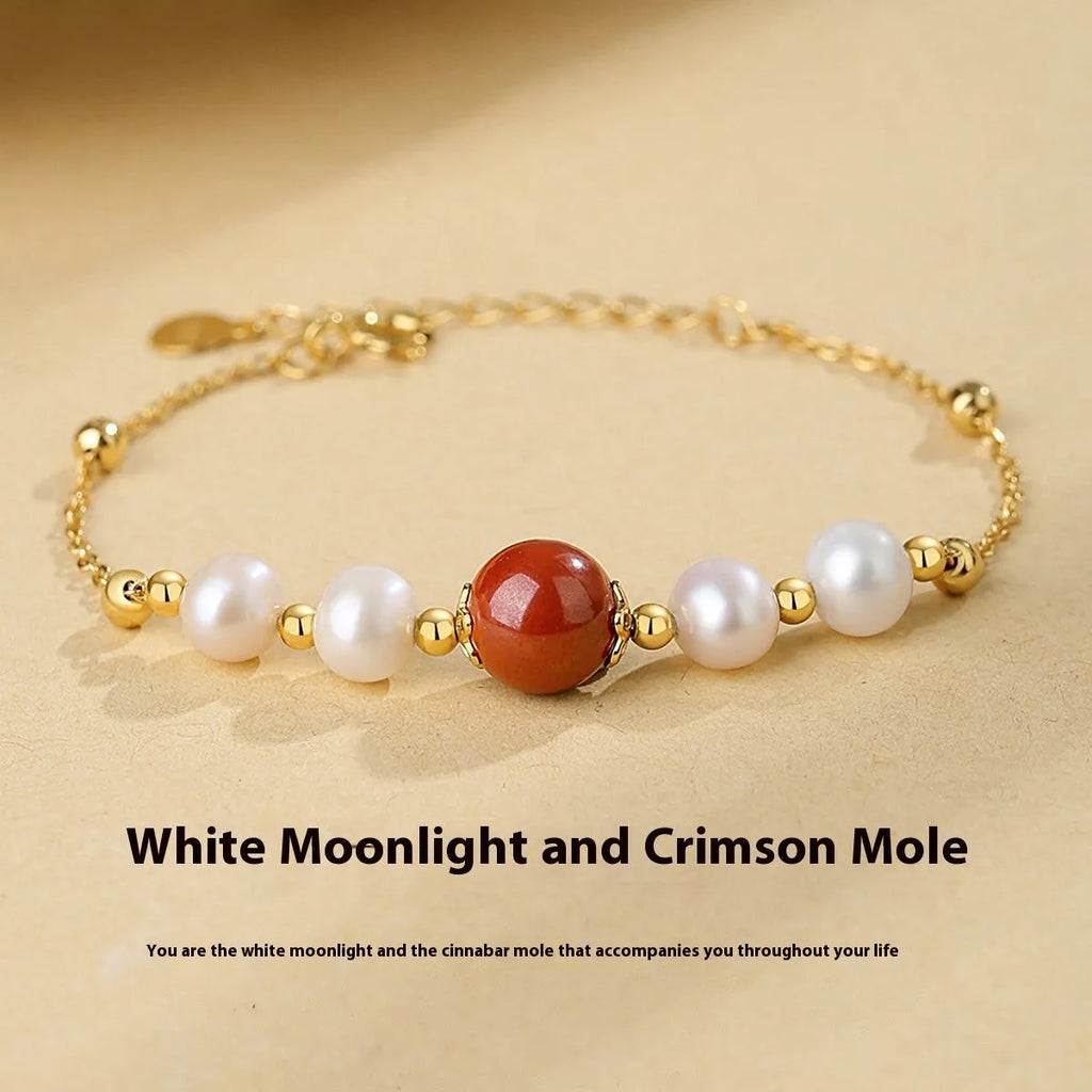 Yellow retro bracelet with red bean pearls and cinnabar on 925 silver for women