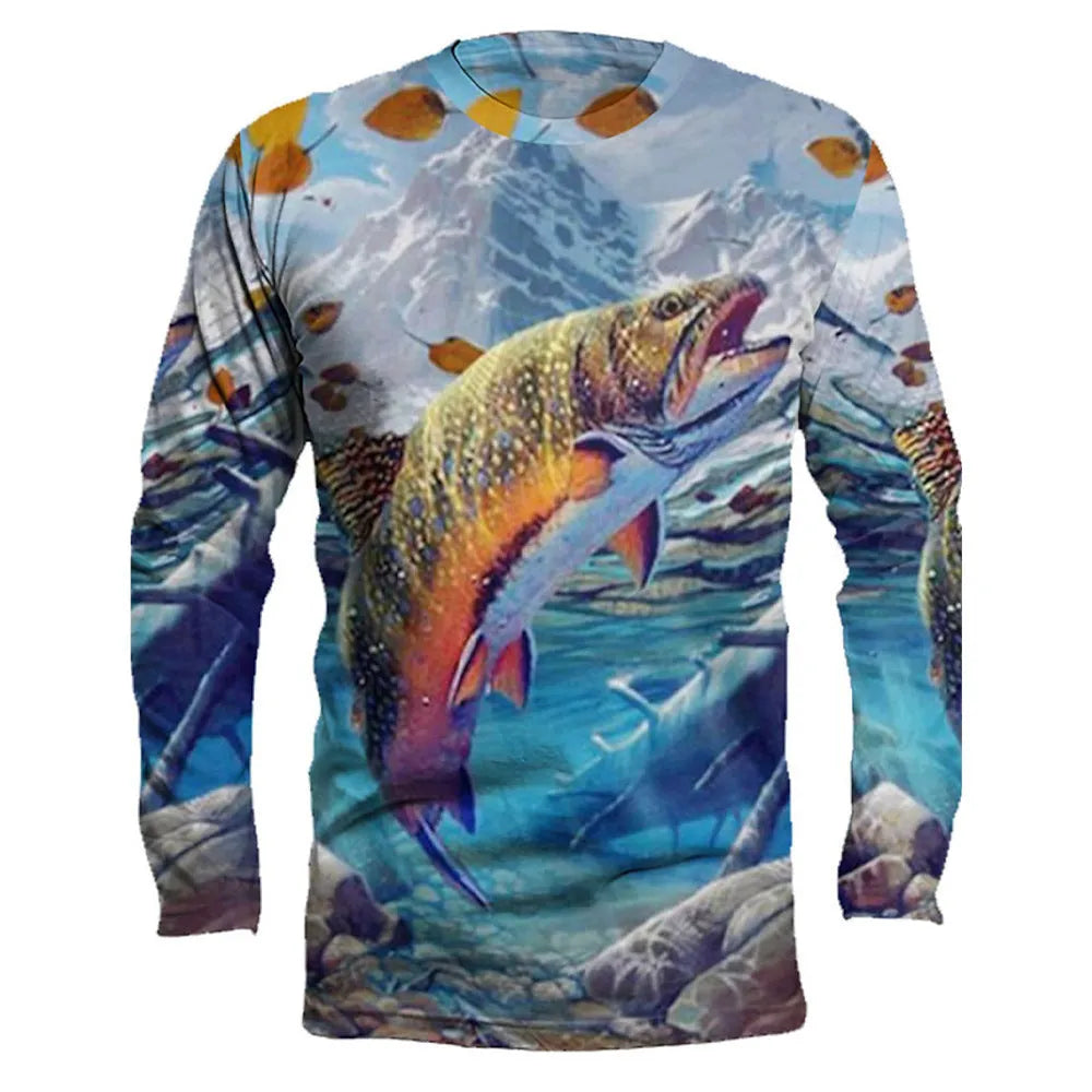Men's grey long-sleeved pullover with a printed fish design on the front, showing round neck and casual fit.