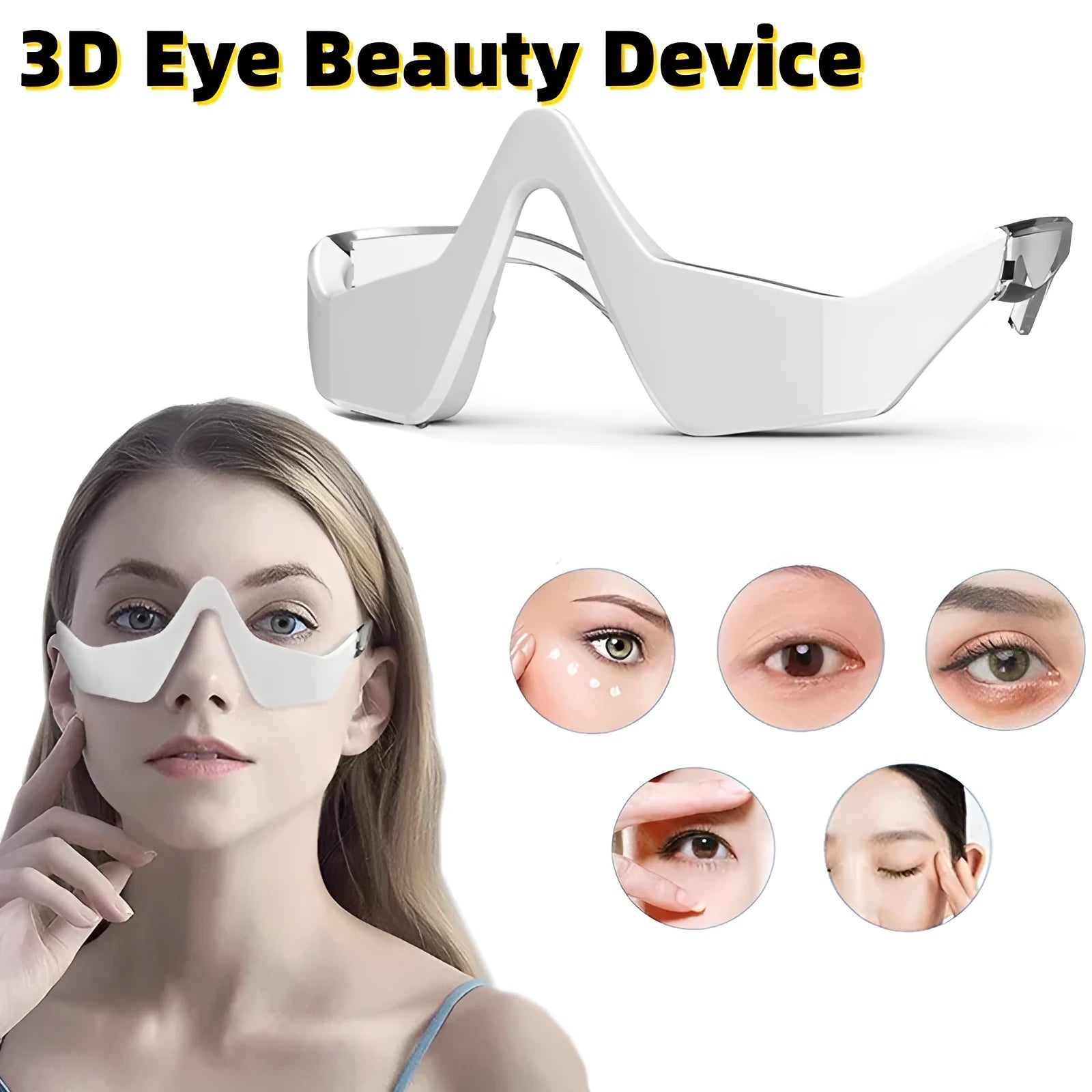 3D micro-current eye massager with glasses-like design showing pink and white colour options