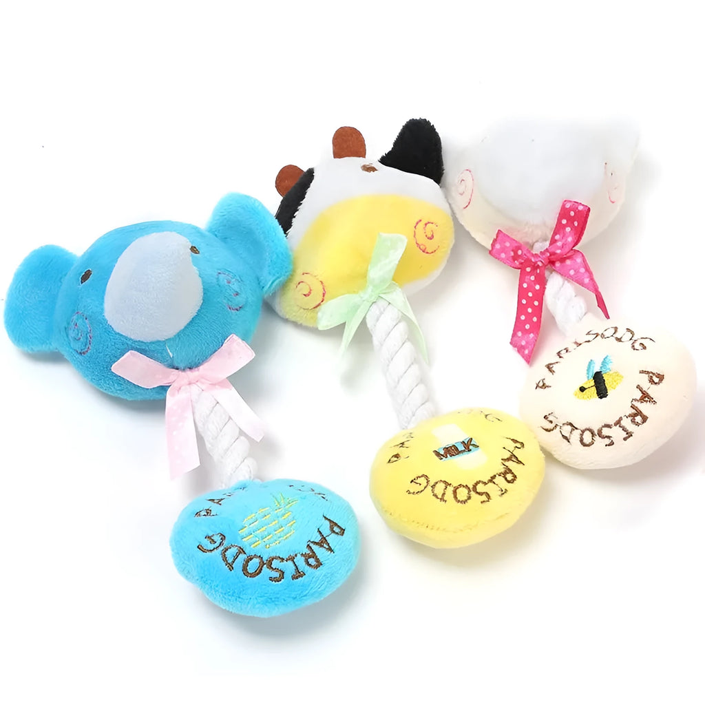 Animal shaped plush dog toy with cotton rope details and squeaker for chewing
