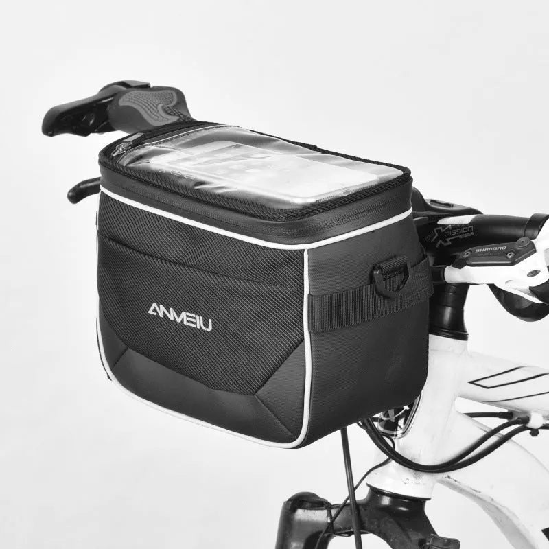 Black 7 inch polyester bicycle bag with hanging straps for handlebar mounting