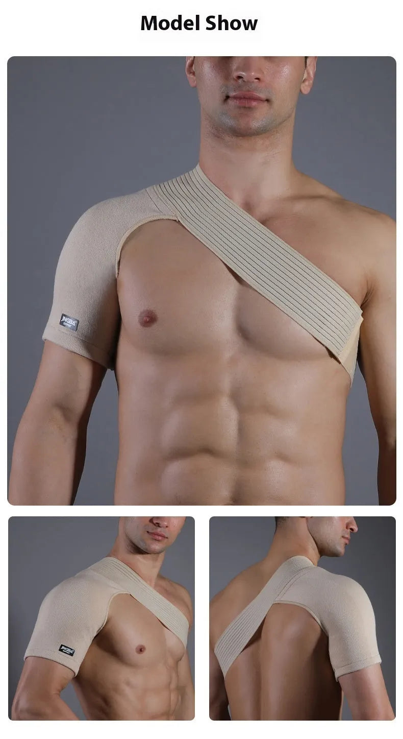 Adjustable skin-colour shoulder support brace with breathable strap for weightlifting and sports.