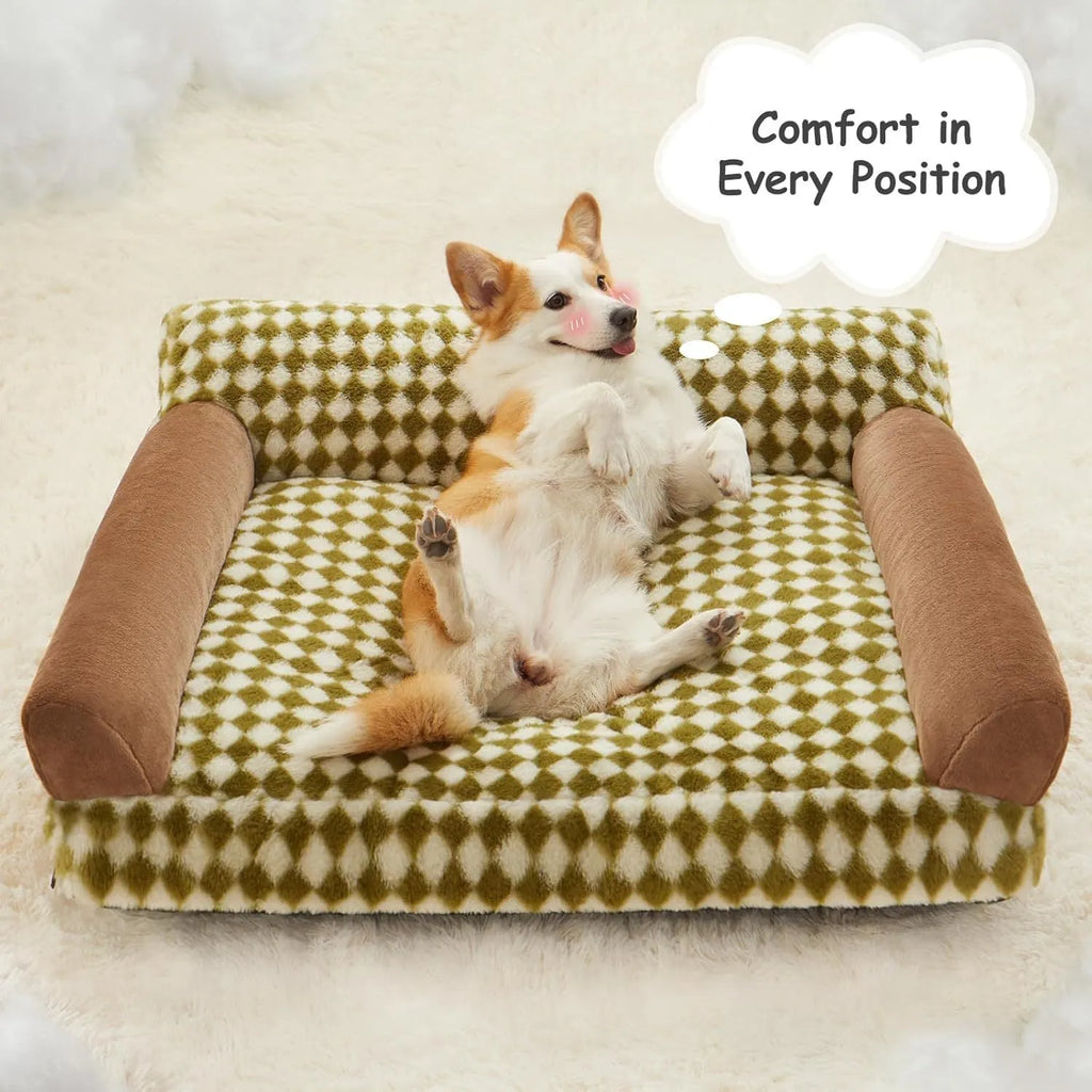 Checkered pet couch bed for cats and small dogs with a non-slip bottom, shown in three available sizes.