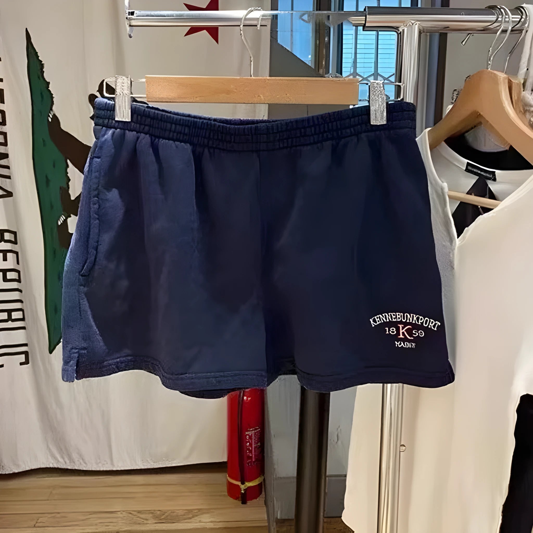 Women's cotton sports hot pants with white flag embroidery in high-top style, dark blue and navy blue options