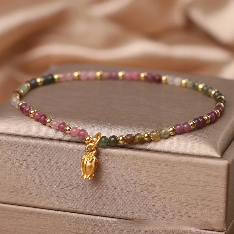 Natural tourmaline flower beaded adjustable anklet bracelet jewellery for women