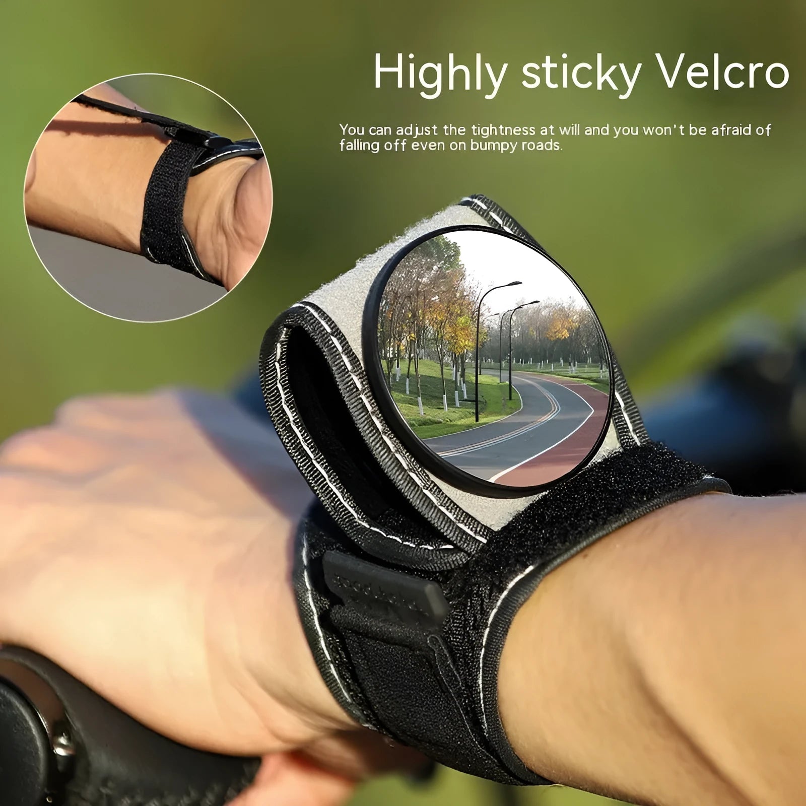 Black nylon cycling rear-view mirror with universal bicycle mount and adjustable viewing mechanism