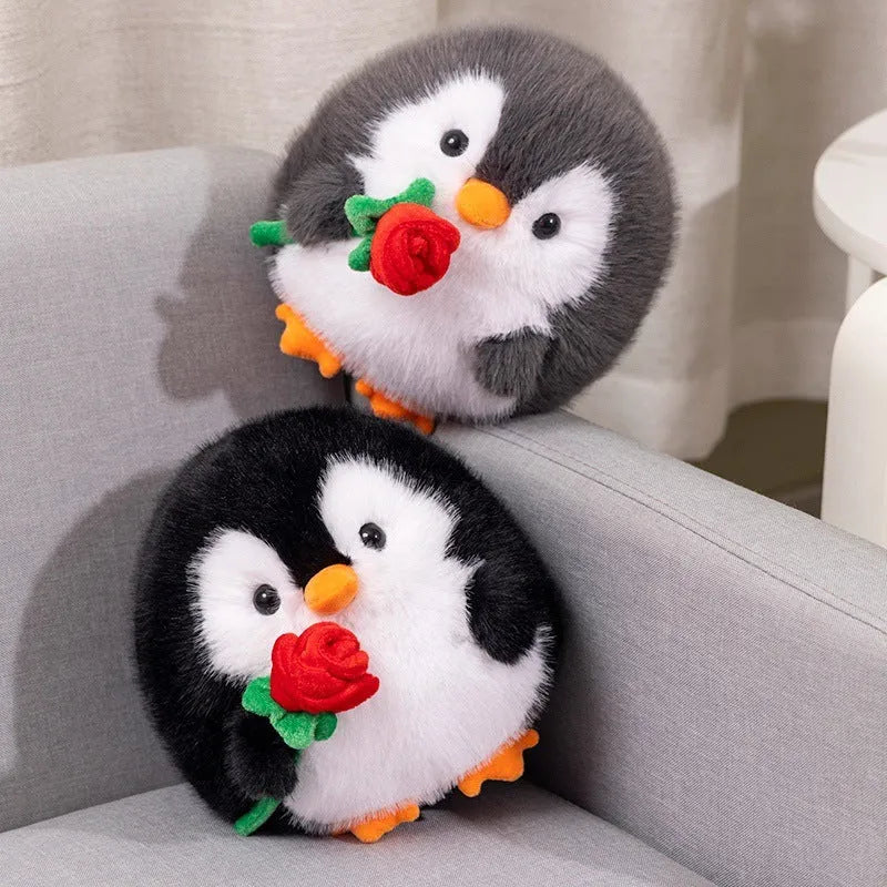 Cute rose penguin doll plush toy 20cm in black with rose decoration
