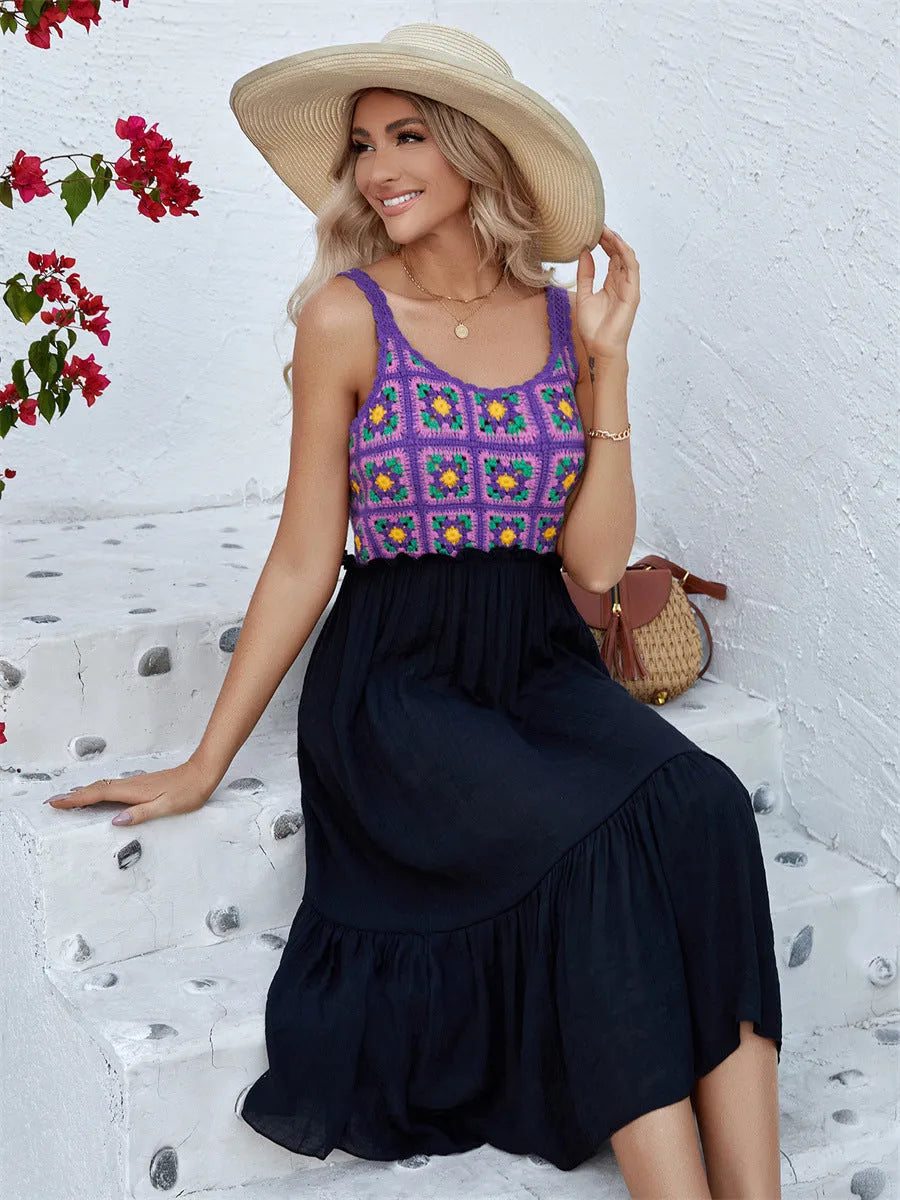 Purple sleeveless dress with hand-embroidered flower pattern on cotton blend fabric.