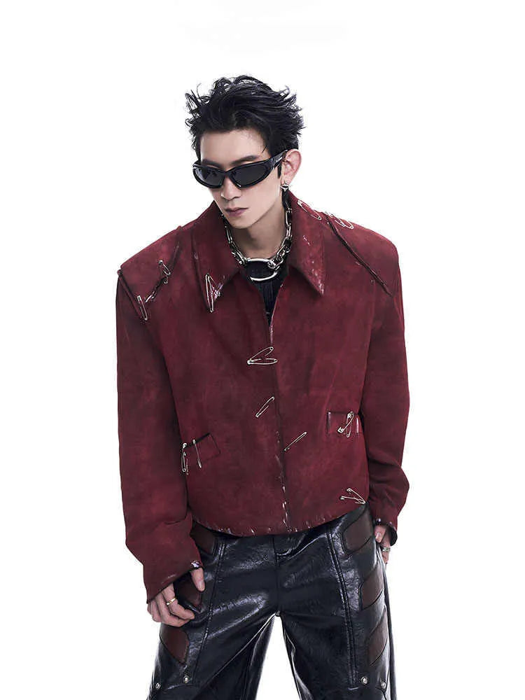Men's red loose-fit quilted jacket with black flocking decorative pin detailing and lapel collar