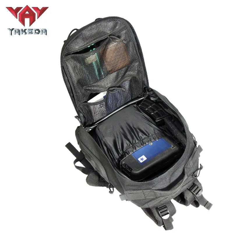45L camouflage tactical backpack in khaki, 42L capacity, 600D polyester, outdoor travel and climbing use
