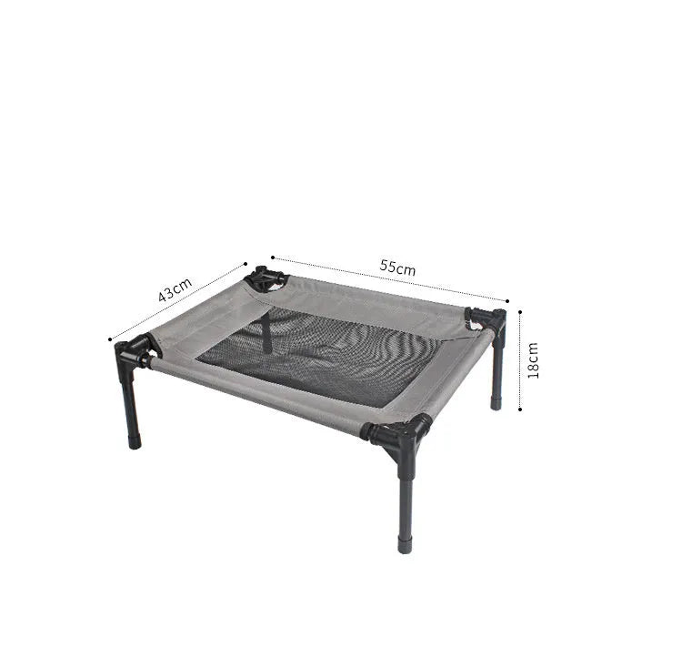 Black outdoor dog bed with removable oxford cloth cover and steel frame measuring 55cm long