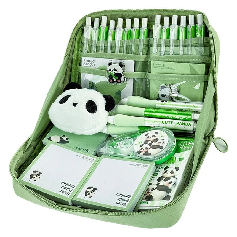 Green panda-themed pencil case with 12 layers for stationery organisation in Korean style canvas design