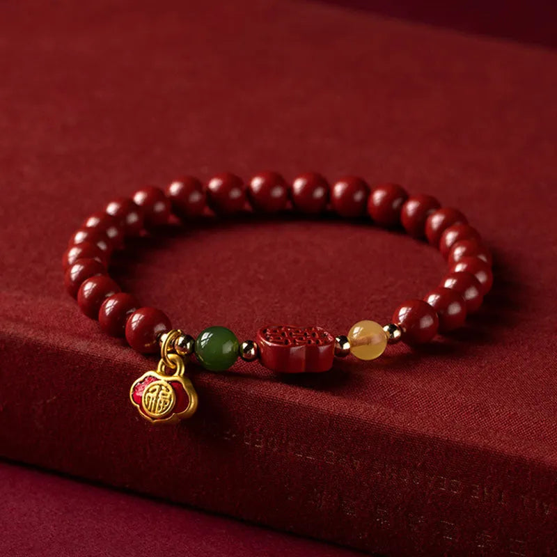 Raw ore Emperor Sandstone bracelet with a fu character charm in New Chinese style.