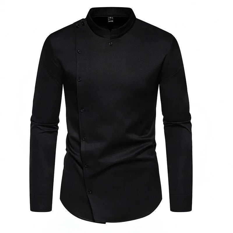Men's long sleeve stand collar work shirt solid colour polyester blend loose fit black