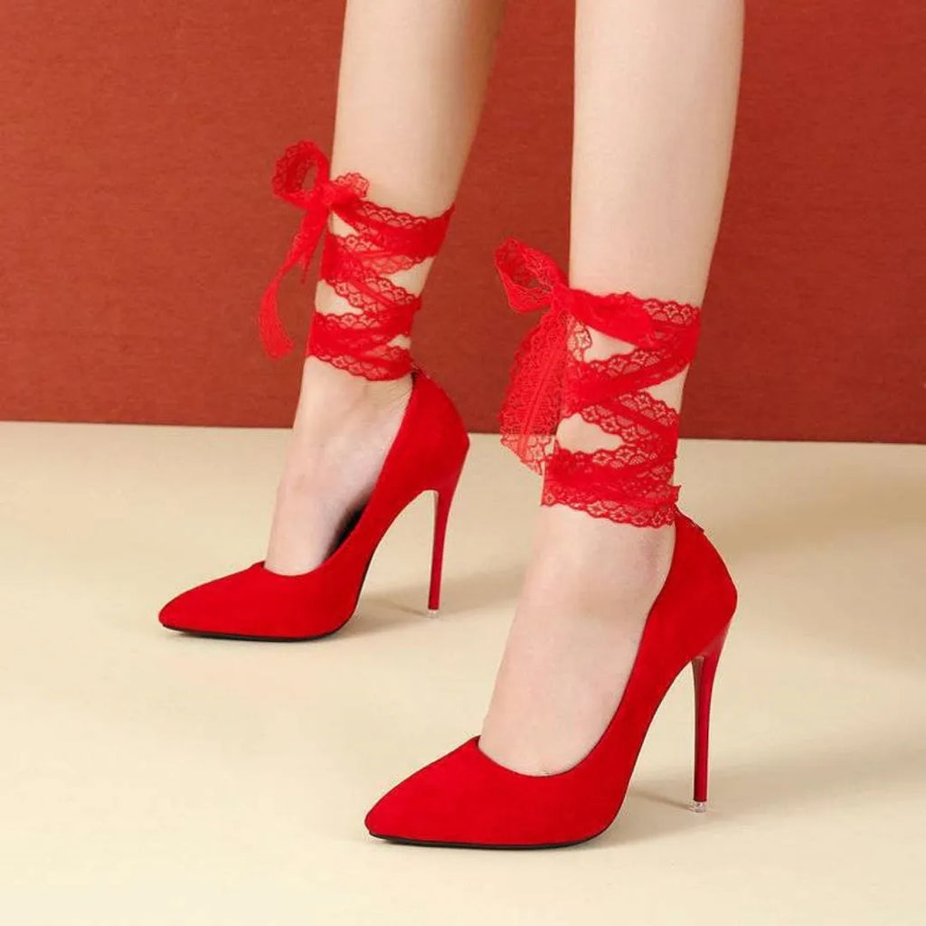 Women's black and red high heel shoes with thin shallow mouth, pointed toe, and strap options