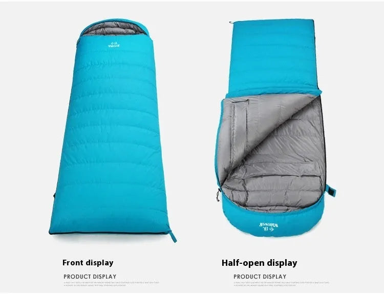 Black adult sleeping bag with white goose down fill and durable nylon shell for outdoor camping.