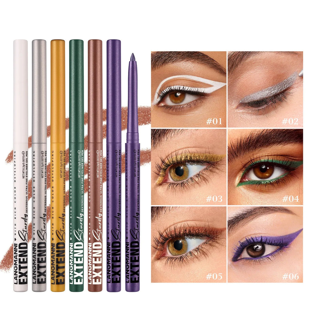 Set of 12 colourful gel glitter eyeliner pencils with metallic, pearl, and matte finishes