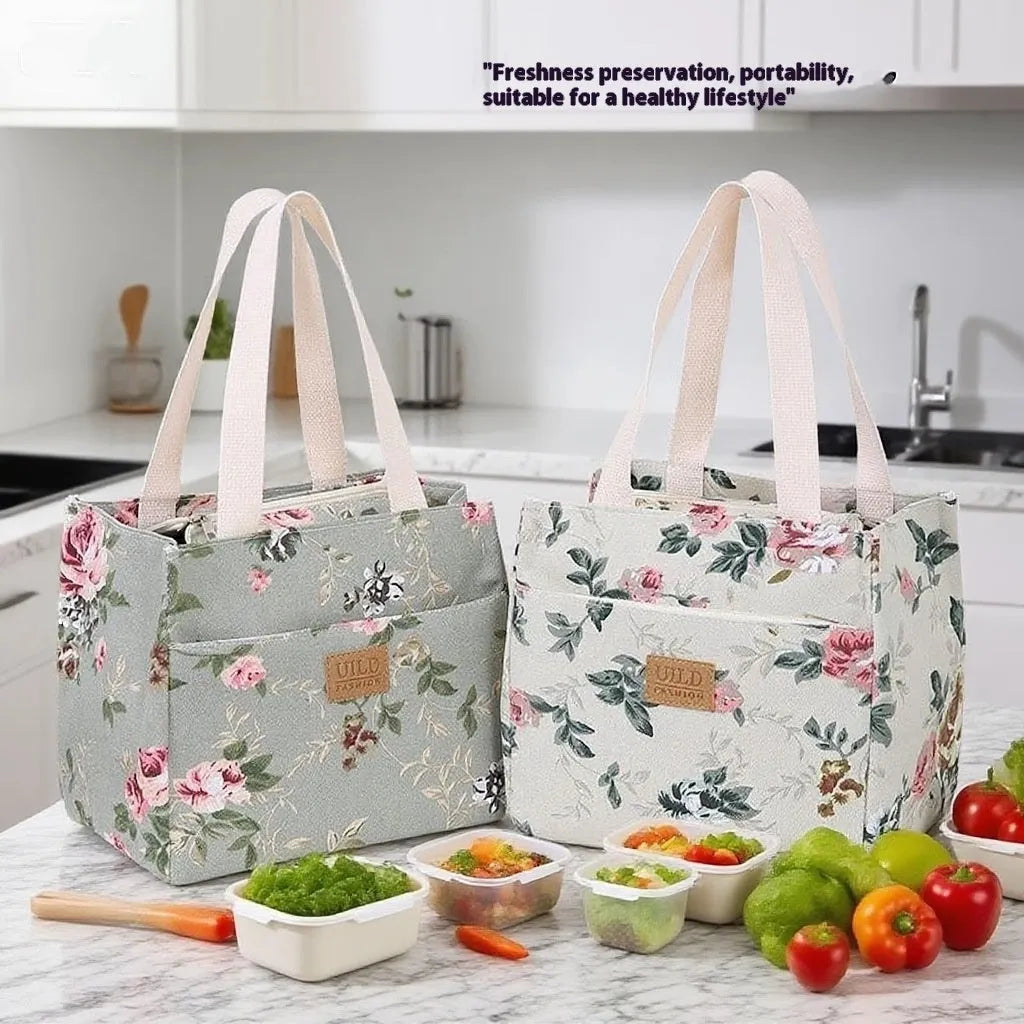 Women's printed canvas bag with aluminium handle in horizontal square design showing floral pattern option