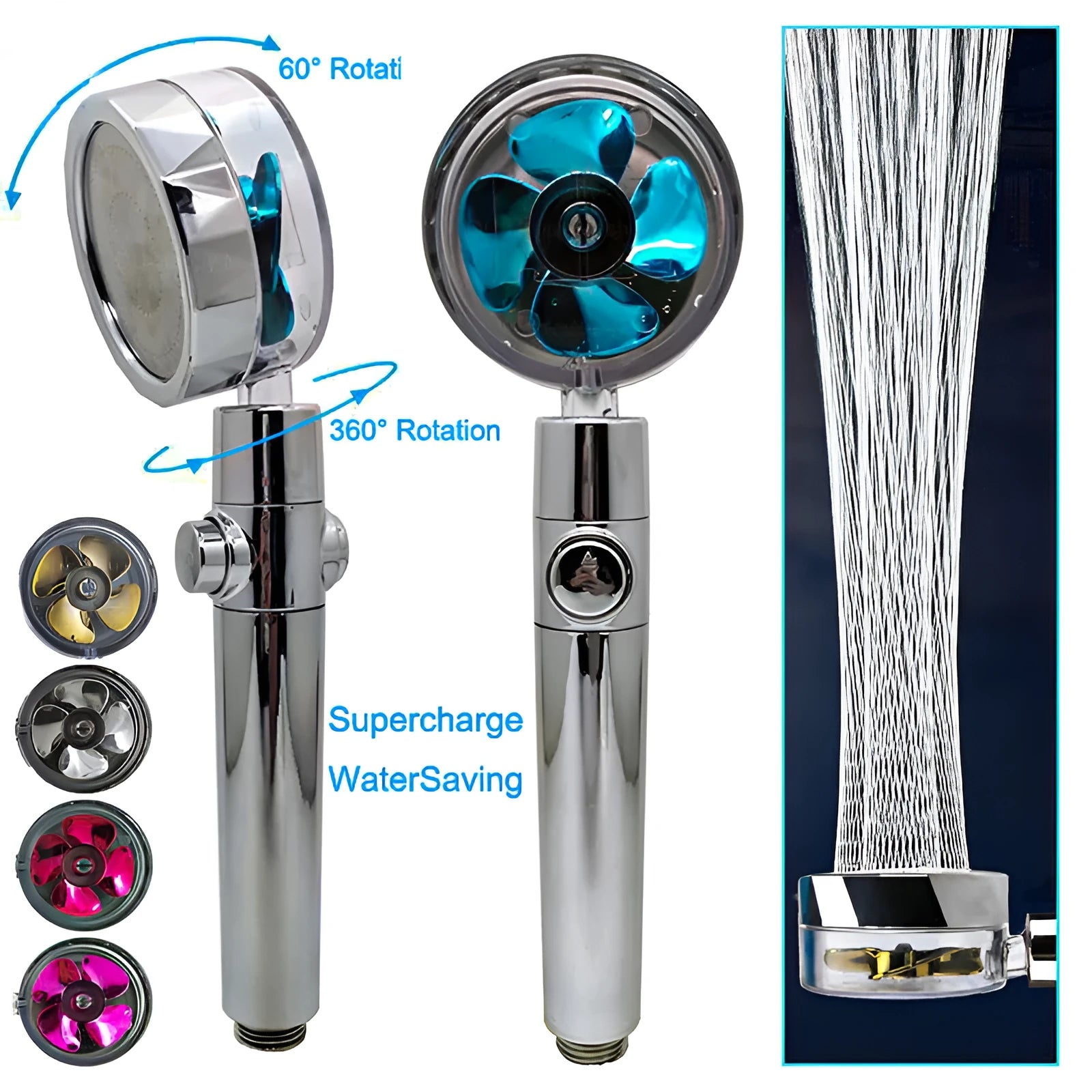 Chrome-finished round water-saving shower head with a built-in turbofan for high pressure spray