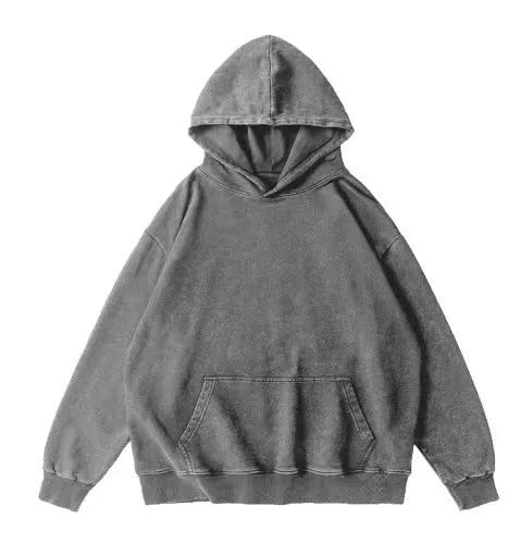 Men's retro washed cotton hoodie with batik finish and drop shoulder sleeves