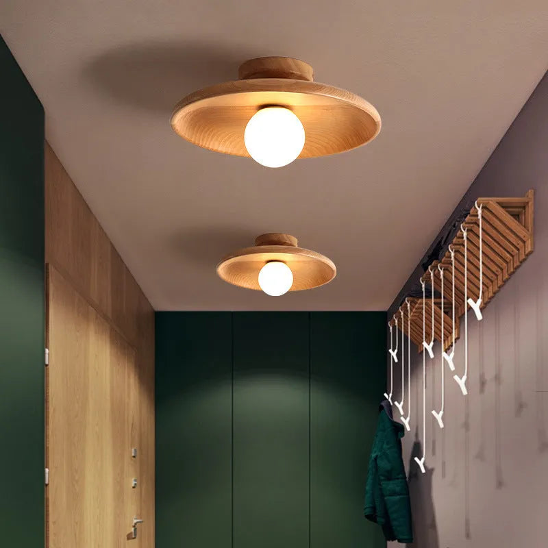 Solid wood and glass ceiling lamp in modern minimalist design with LED bulb