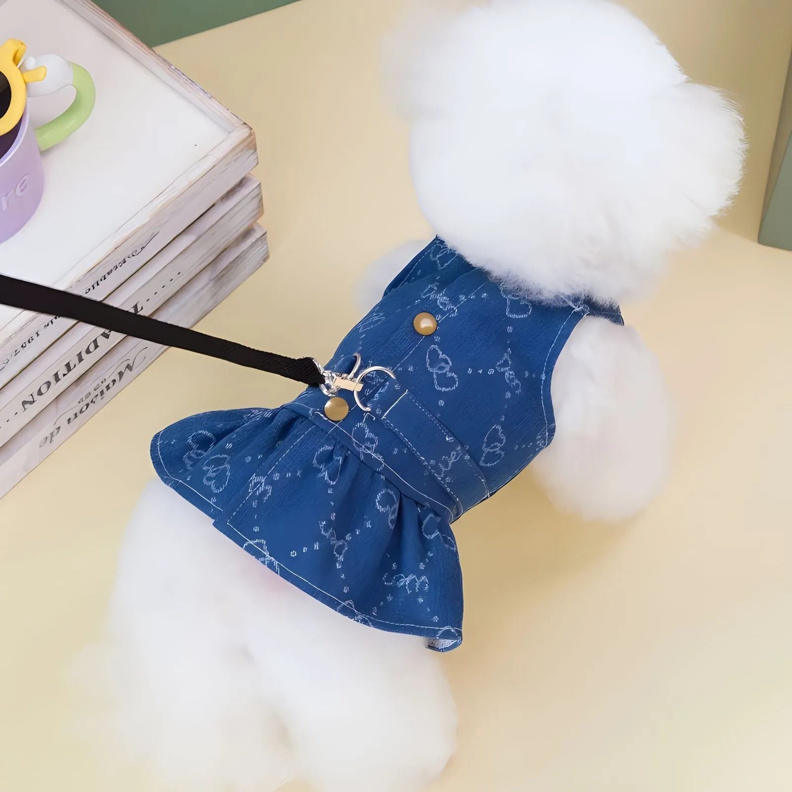 Denim princess dress for small dogs in bracket skirt style with spring autumn seasonal design