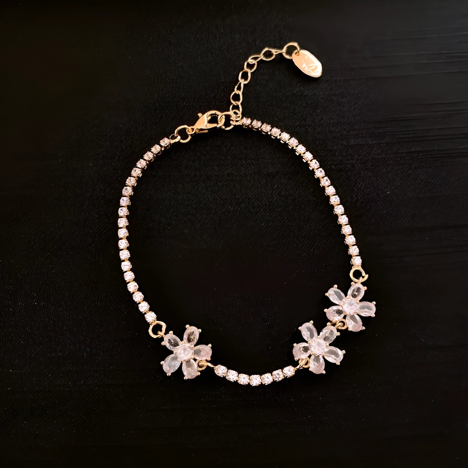 Women's copper geometric bracelet with zircon stones in quadrilateral pattern, gold colour finish